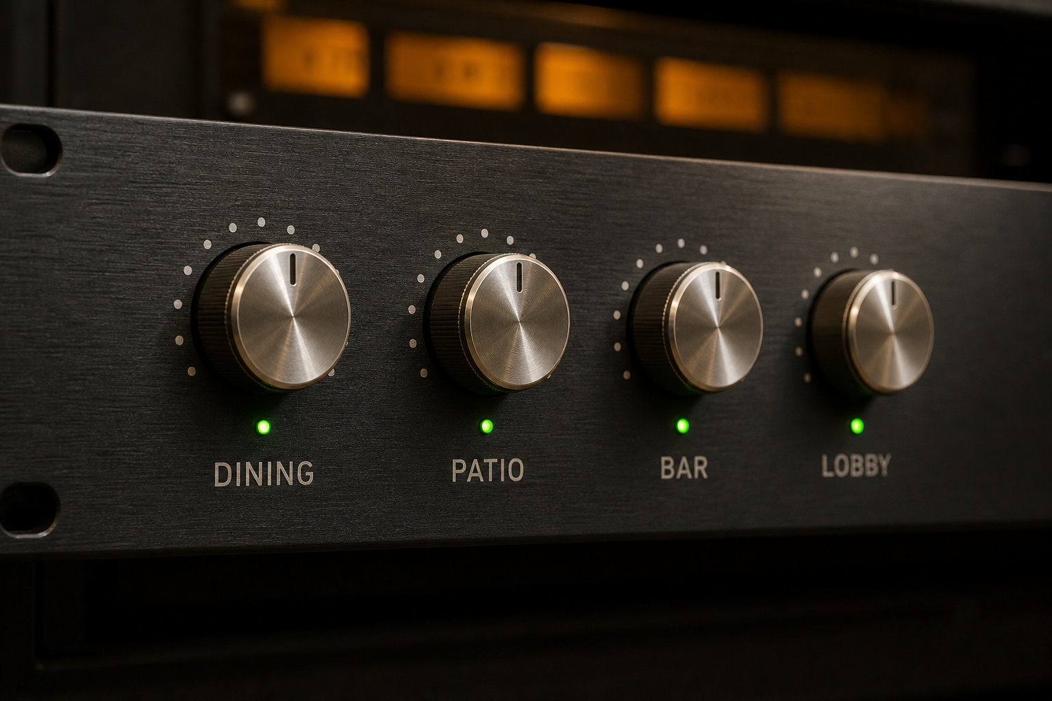 Neatly wired commercial audio amplifier and sound system control rack