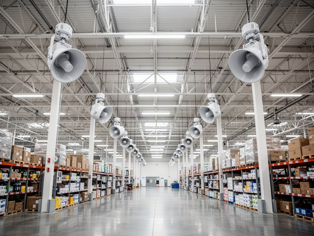 Pendant speaker installed in open ceiling retail space