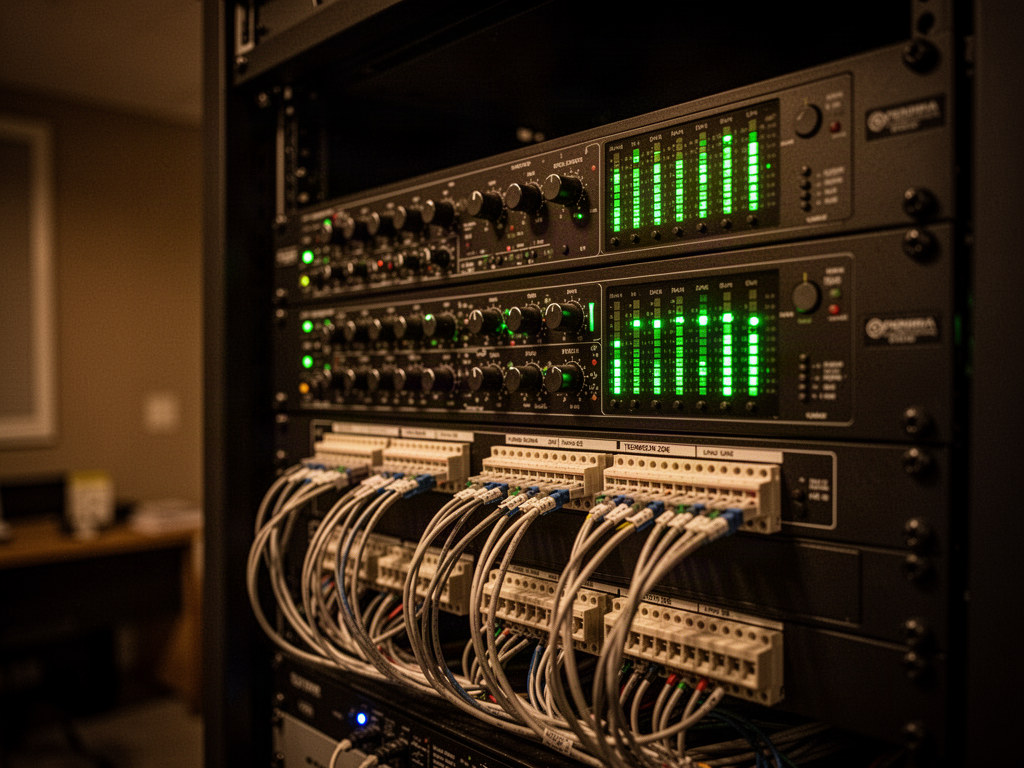 Professional multi-zone commercial audio amplifier installed in an equipment rack
